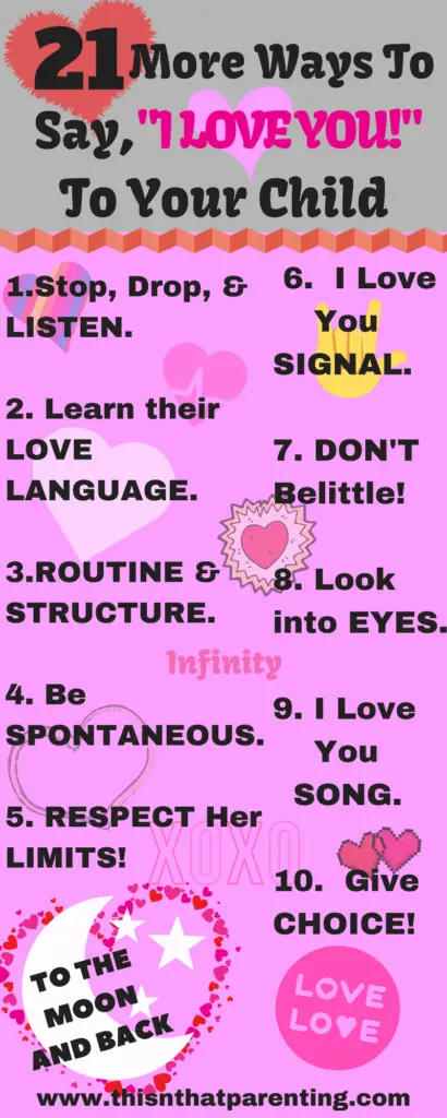 21 MORE Ways to Say I Love You To Your Child This article gives the benefits of including I love you rituals in your family culture. It gives the 4 characteristics to include in your rituals and 21 great ways to say I love you to your child without saying I love you. #parenting #parentingtips #parenthood #mom #momlife #SAHM #love #toddler #teen